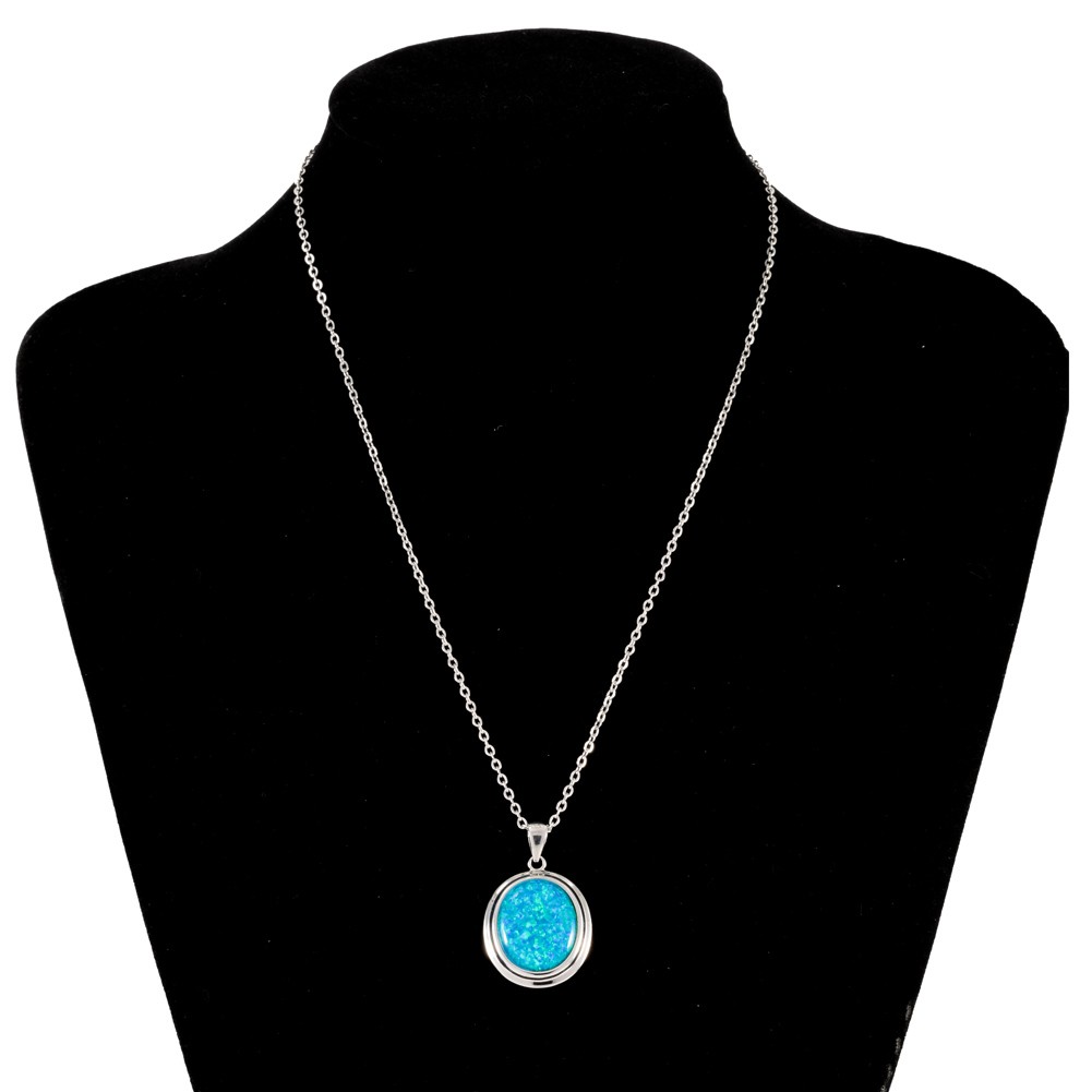 Oval Ocean Blue Fire Opal Cabochon Silver Jewelry Women Necklace Pendant