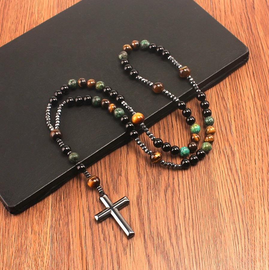 1pc Natural Stone Cross Pendant Necklace African Turquoise Tiger Eye – NEW