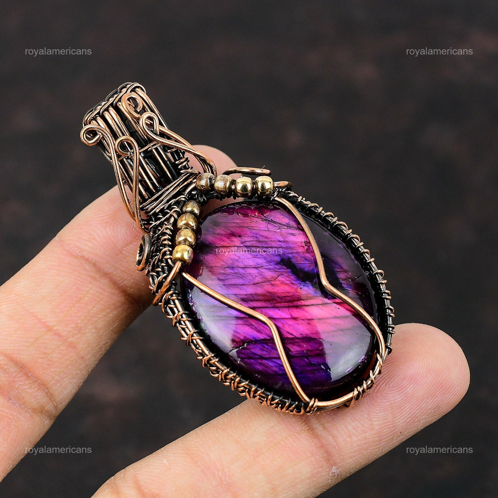 Gift For Her Pink & Purple Fire Labradorite Wire Wrapped Pendant Copper 2.56″