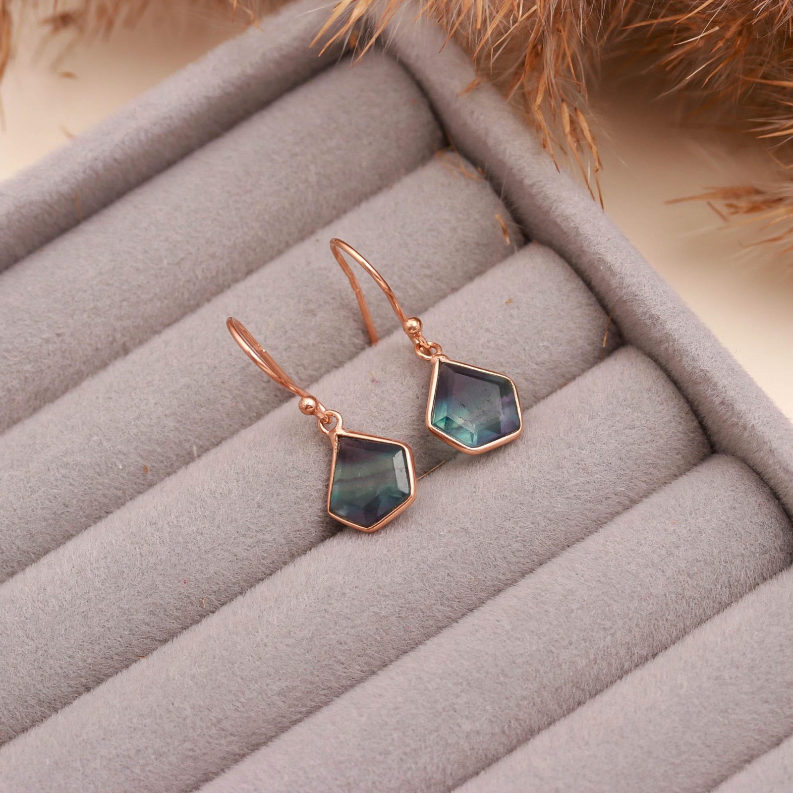 Natural Fluorite Shield Dangle Earrings Rose Gold Plated Solid Silver Jewelry