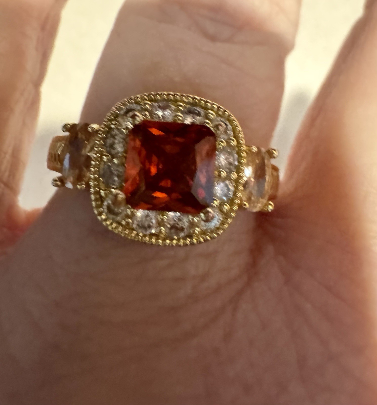 Gold Tone Square Orangish Red CZ Halo Cocktail Ring, Size 73/4, 2mm Band
