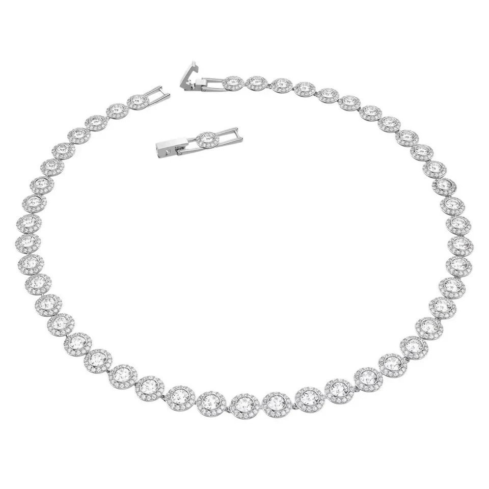 Swarovski White Crystal Tennis Necklace Halo Design Rhodium Plated Womens