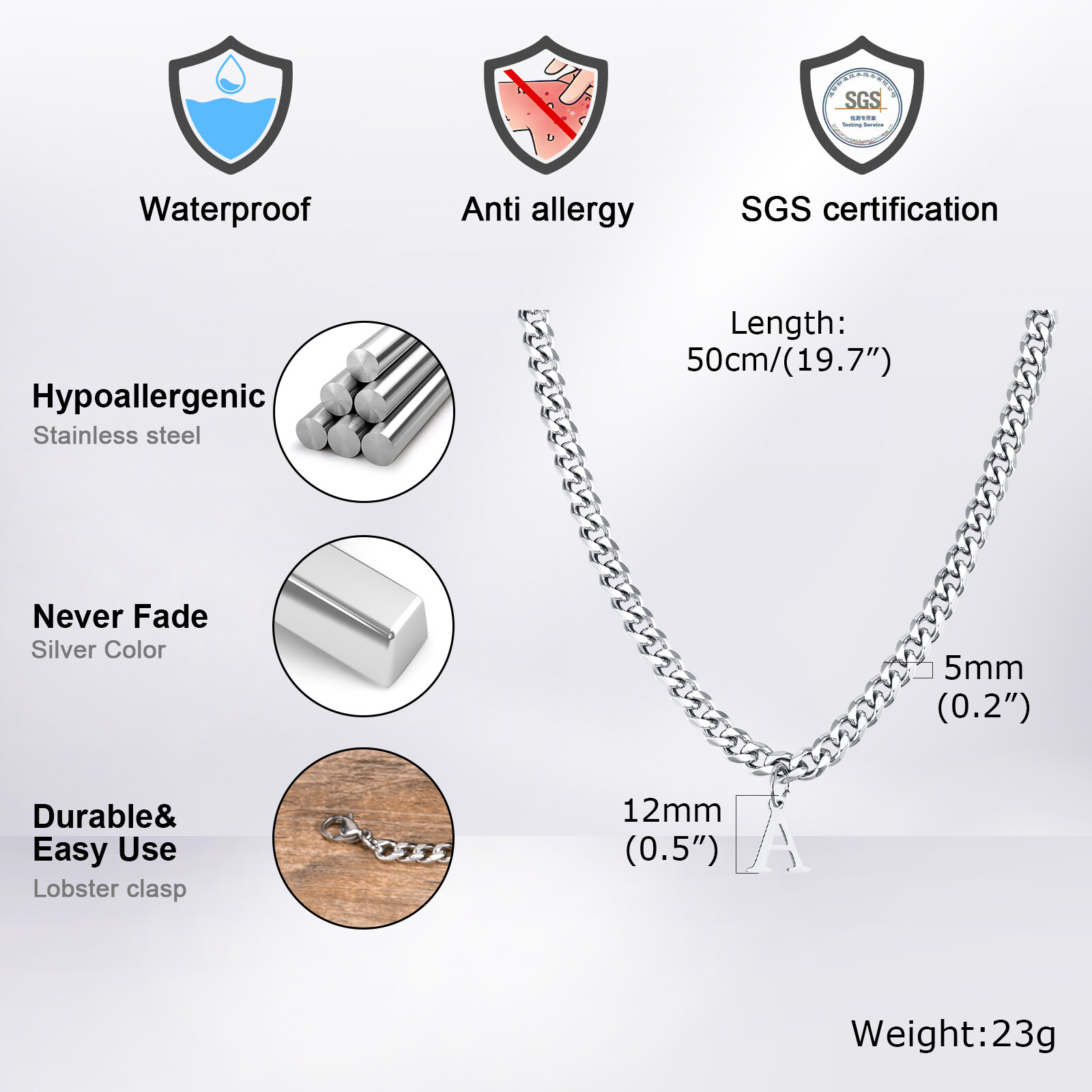 Vnox Classic Initial Letter Necklaces for Men Stylish Pendant with Cuban Chain