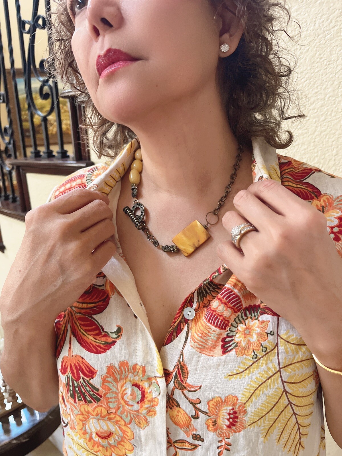 Handcrafted Gold Hued Agate On Bronze Hued Clasp Multi Faceted Multi Look