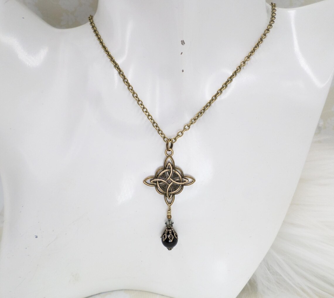 Celtic Knot Necklace, Black Bead Antique Brass Witch Knot Handmade Jewelry