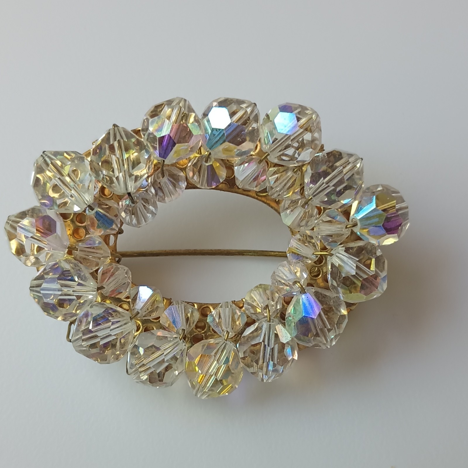 Gold Tone Oval Brooch Pin Clear Crystal Cluster Round Rhinestones
