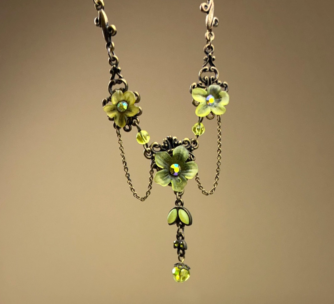 VTG Michal Negrin Green Enamel Floral Rhinestones Necklace Bib Shabby Chic Boho