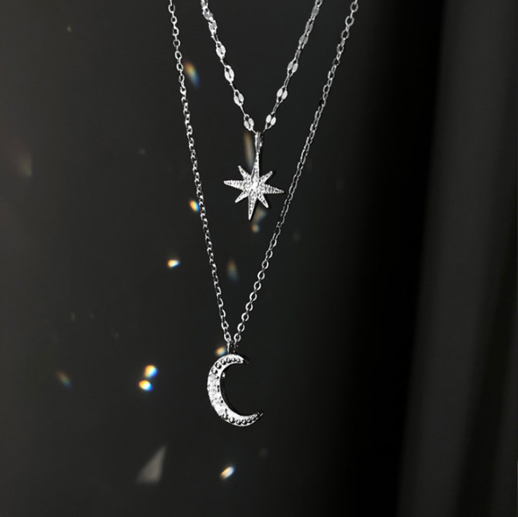 Layered Star Moon CZ Pendant 925 Sterling Silver Choker Necklace Women Gift PE55