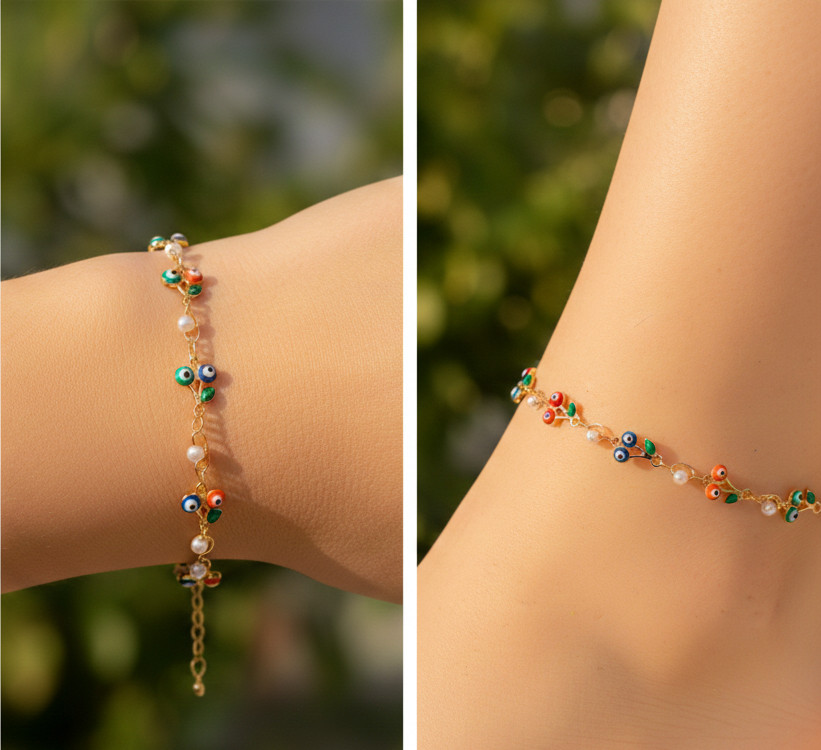 Elegant 18K Gold Color Anklet Modern Multi-Color Cherry Charm Boho Anklet