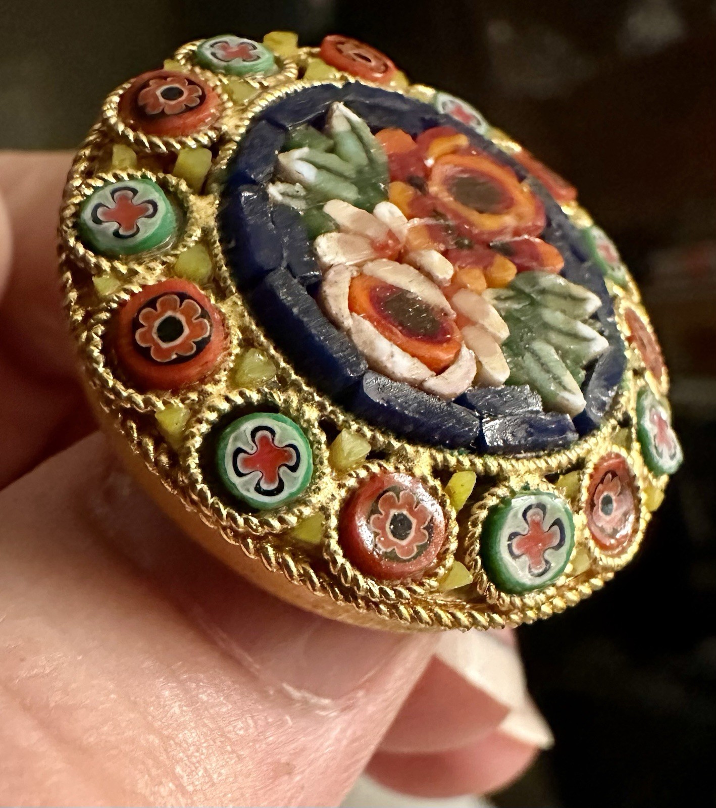 Vintage Italian Micromosaic Brooch Pin Floral Millefiori Gold Tone Made Italy