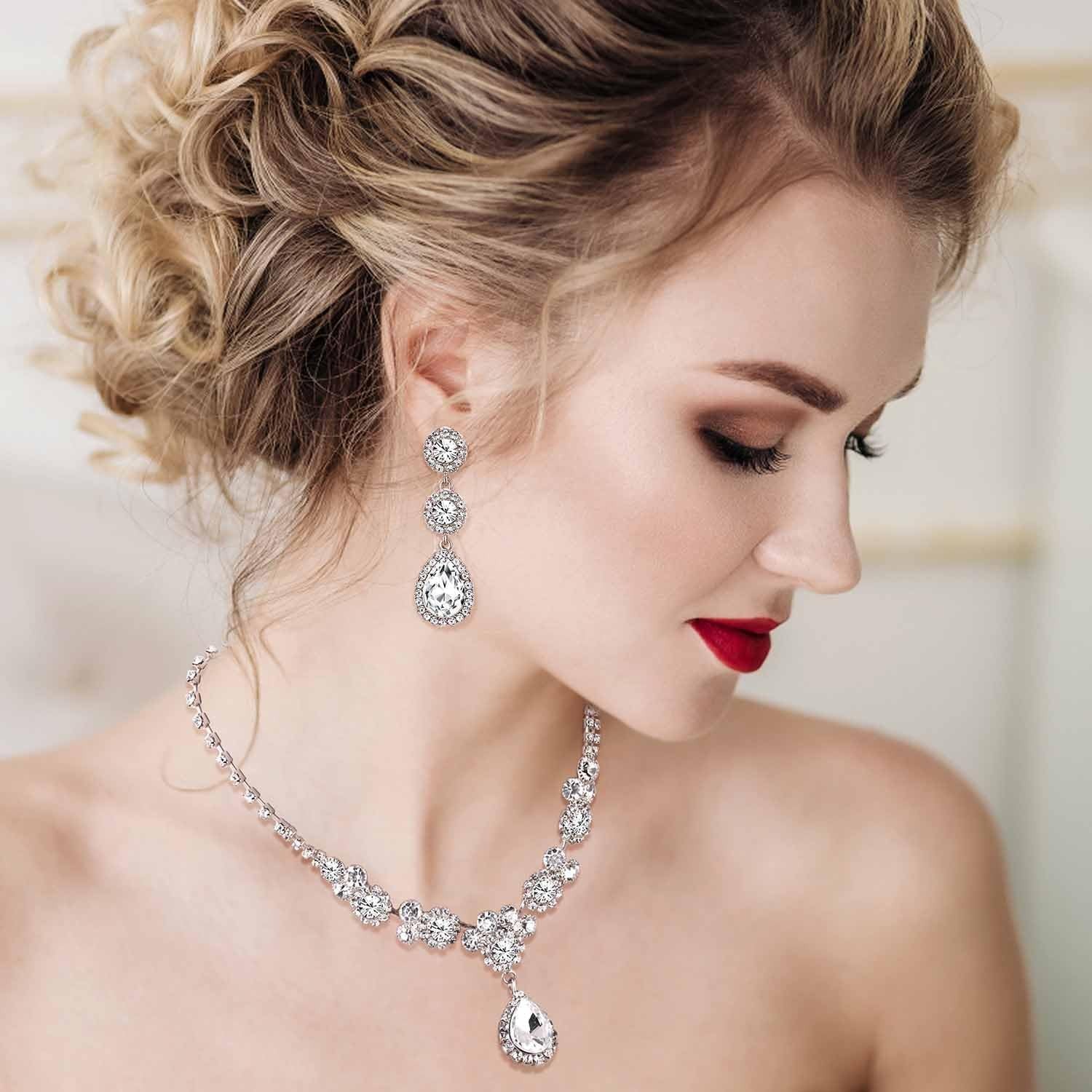 Rhinestone Bridal Jewelry Set Necklace Bracelet Clip On Earrings for Brides B…