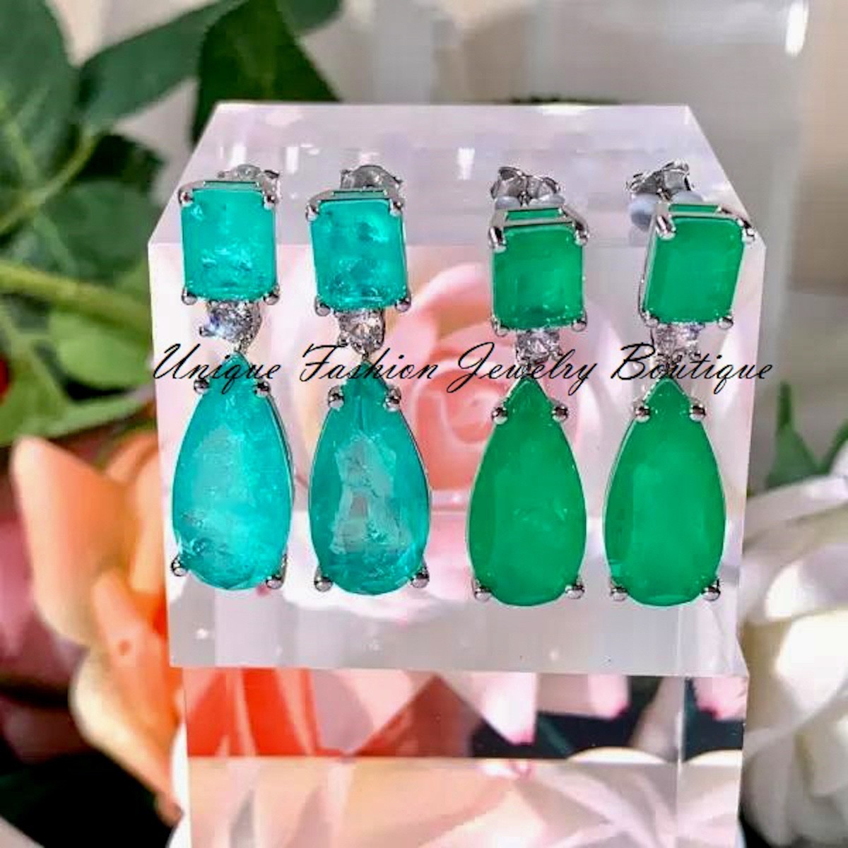 18k Platinum Plated 24 CT Paraiba Tourmaline Drop Earrings Over Sterling Silver