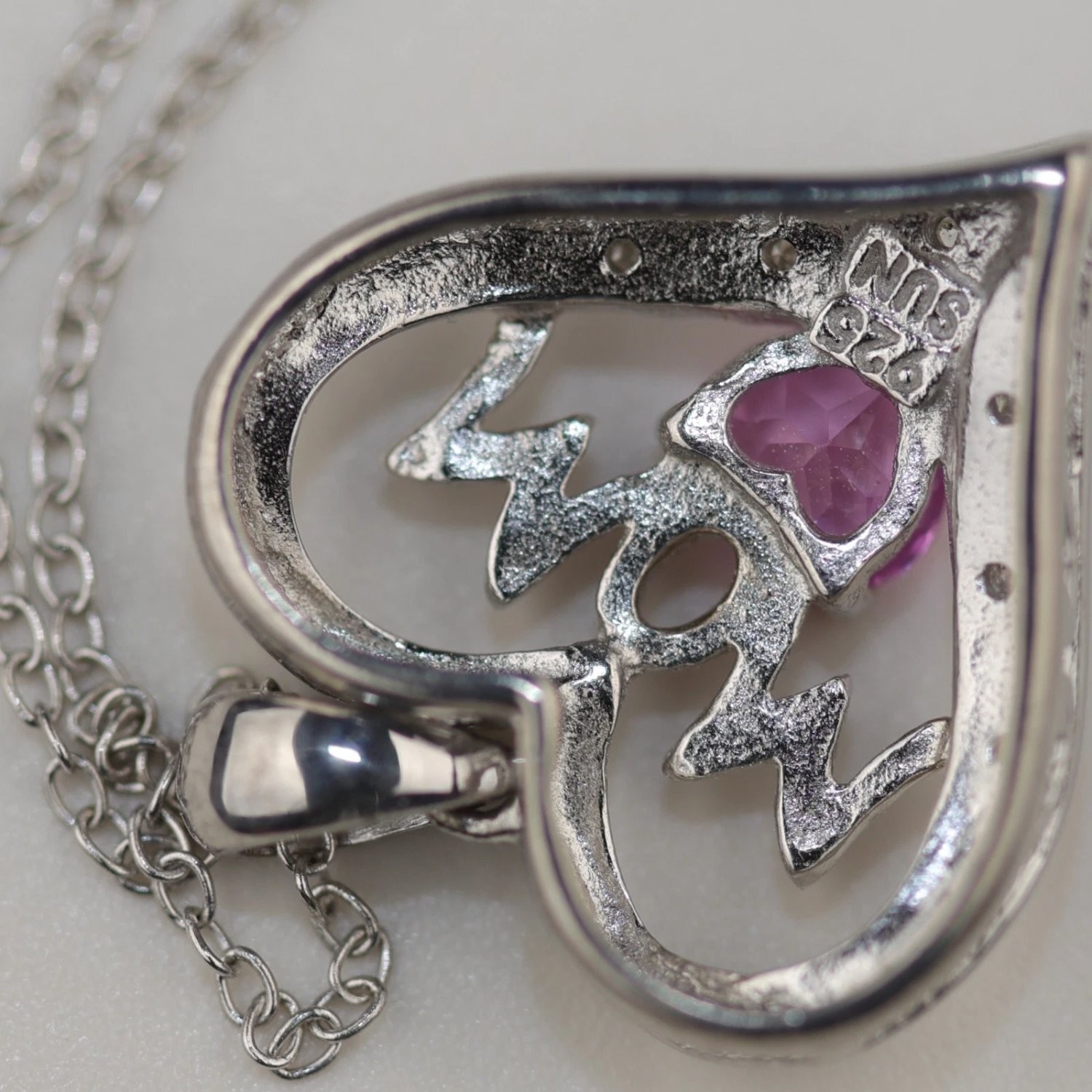Sun Sterling Silver Mom Heart Pendant Necklace Pink CZ 925 18″ Boxed