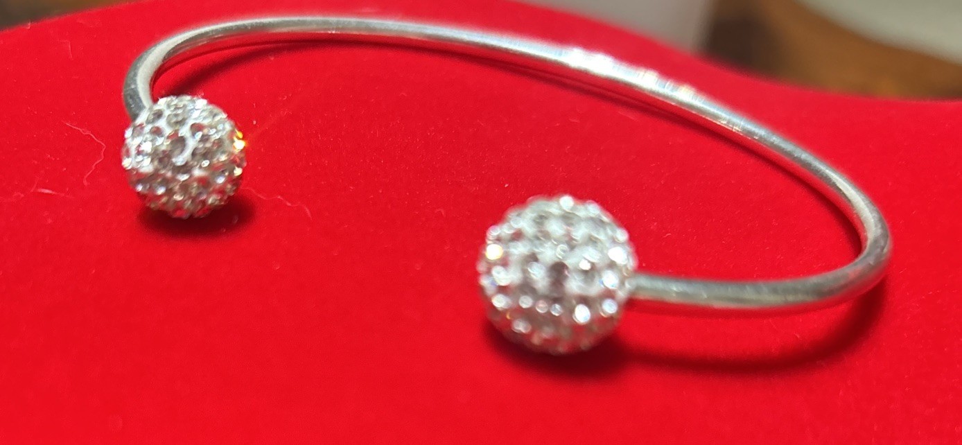 Rhinestone Pave Ball Bracelet Signed 925 Open Cuff Bling Prom Wedding Sz 7 1/4