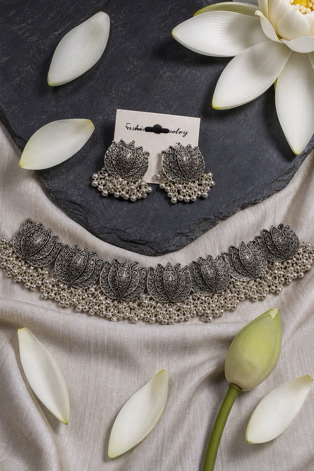 Traditional Lotus Choker Necklace Set, Pakistani Jewelry with Matching Earrings