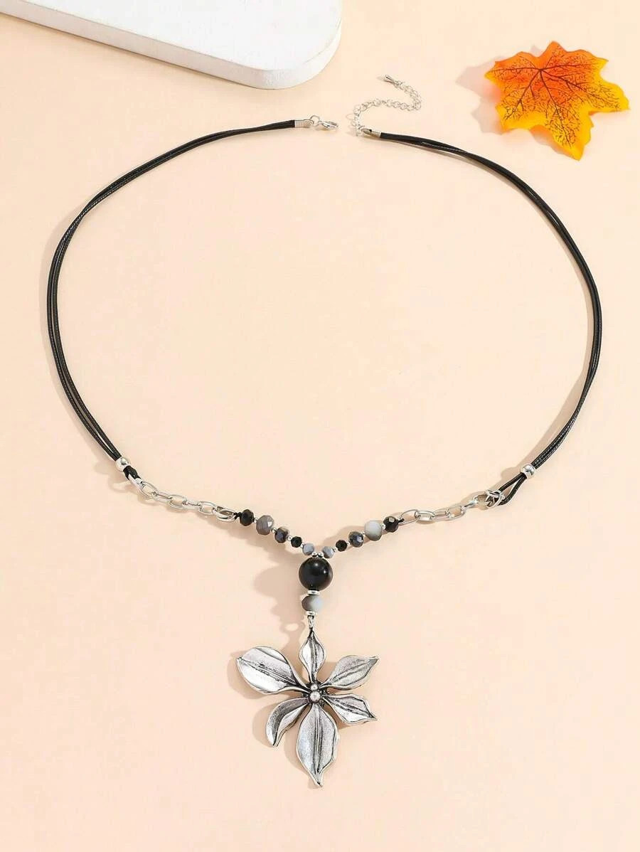 1pc Floral Alloy Beaded Necklace Casual Vintage Women Daily Jewelry