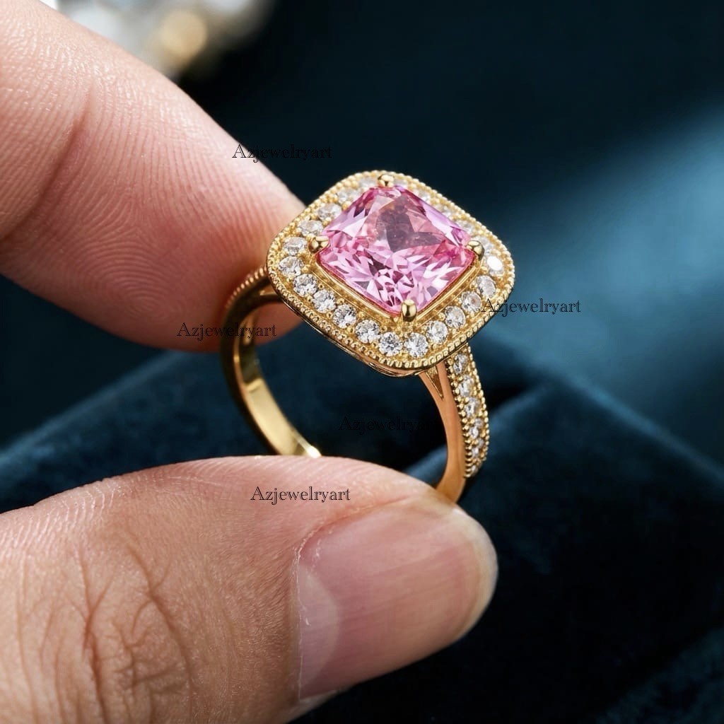 Cushion Cut Pink Sapphire Ring 925 Sterling Silver Ring Gift For Her.