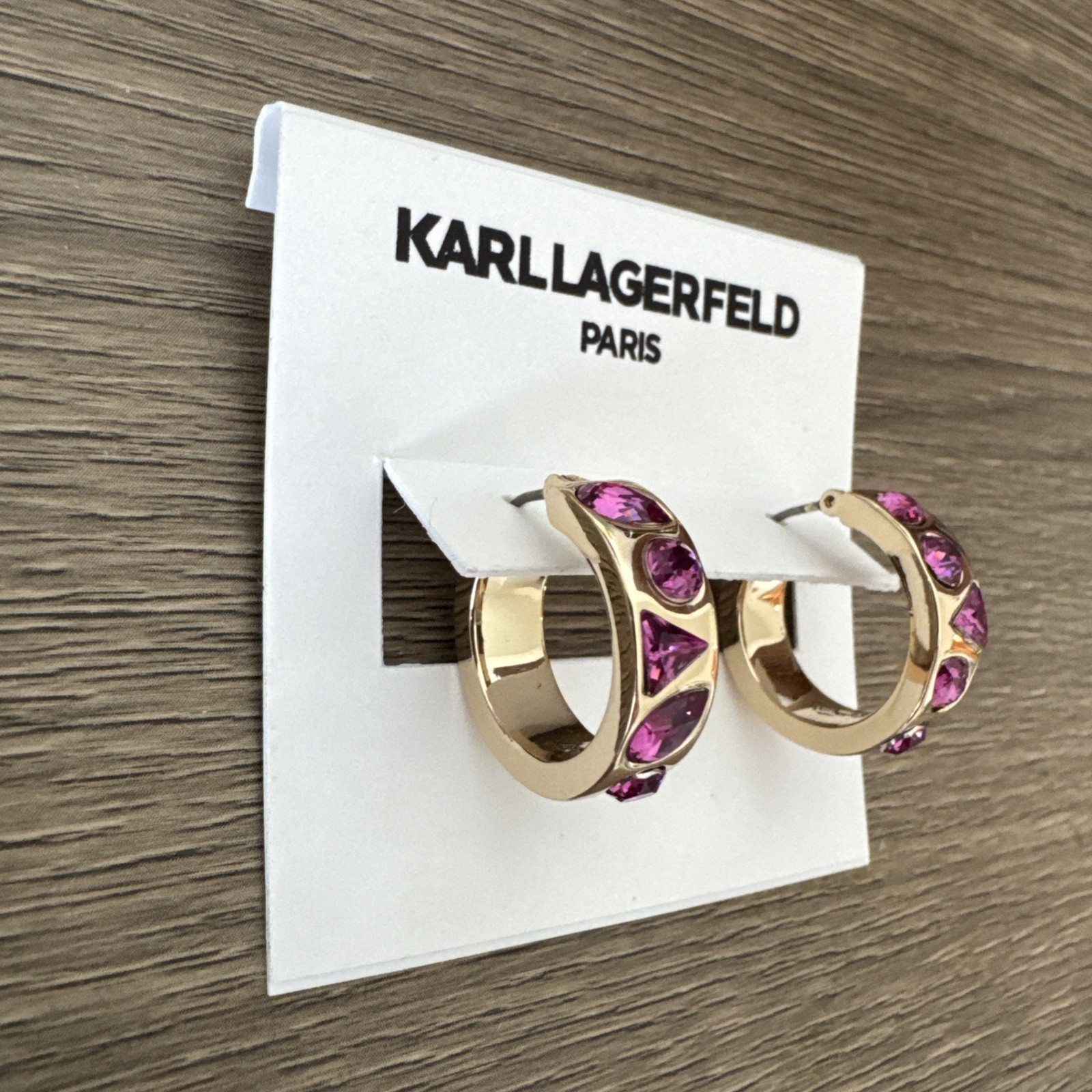 Karl Lagerfeld Paris Gold Tone Josephine Pink Crystal Hoop Earrings NWT