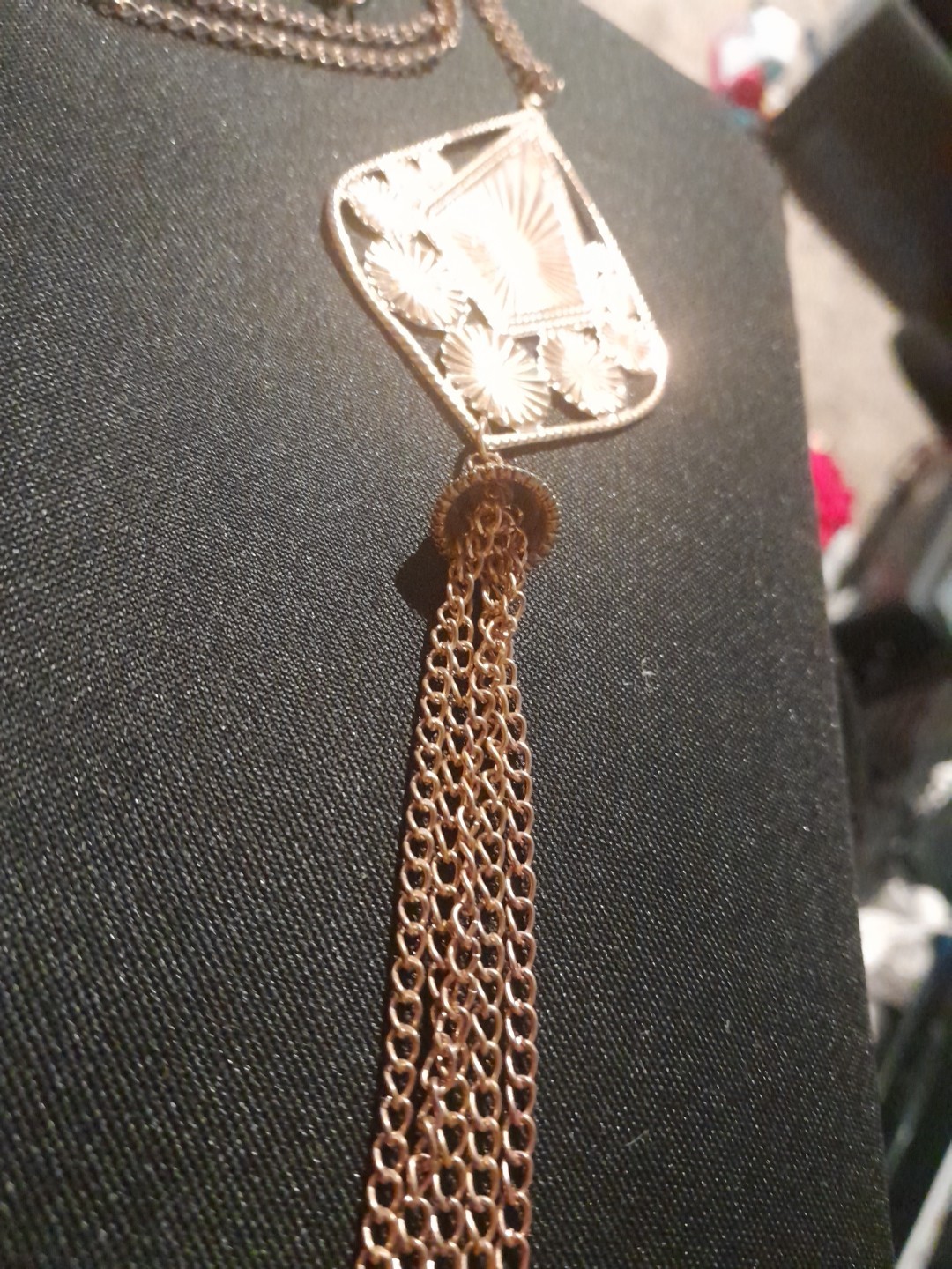 Gold Tone Statement Necklace With Dangle Chains Perfect For Any Occasion