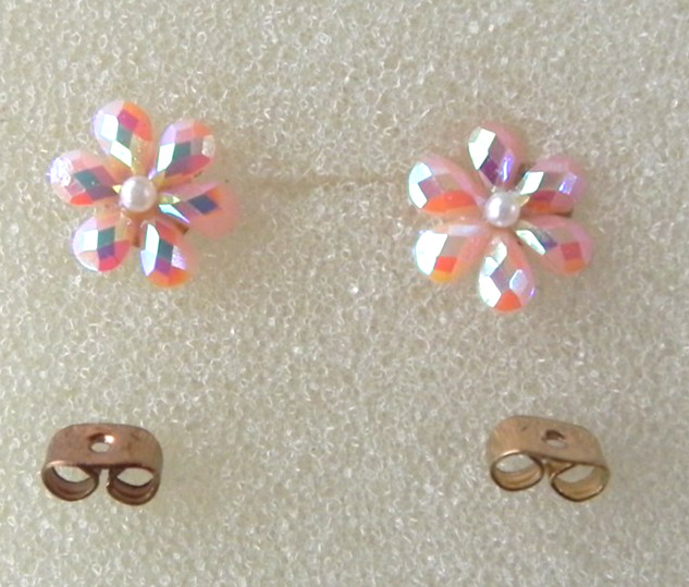 Small Pink Flower Stud Earrings Glitter AB Sparkle Plastic Resin Petals