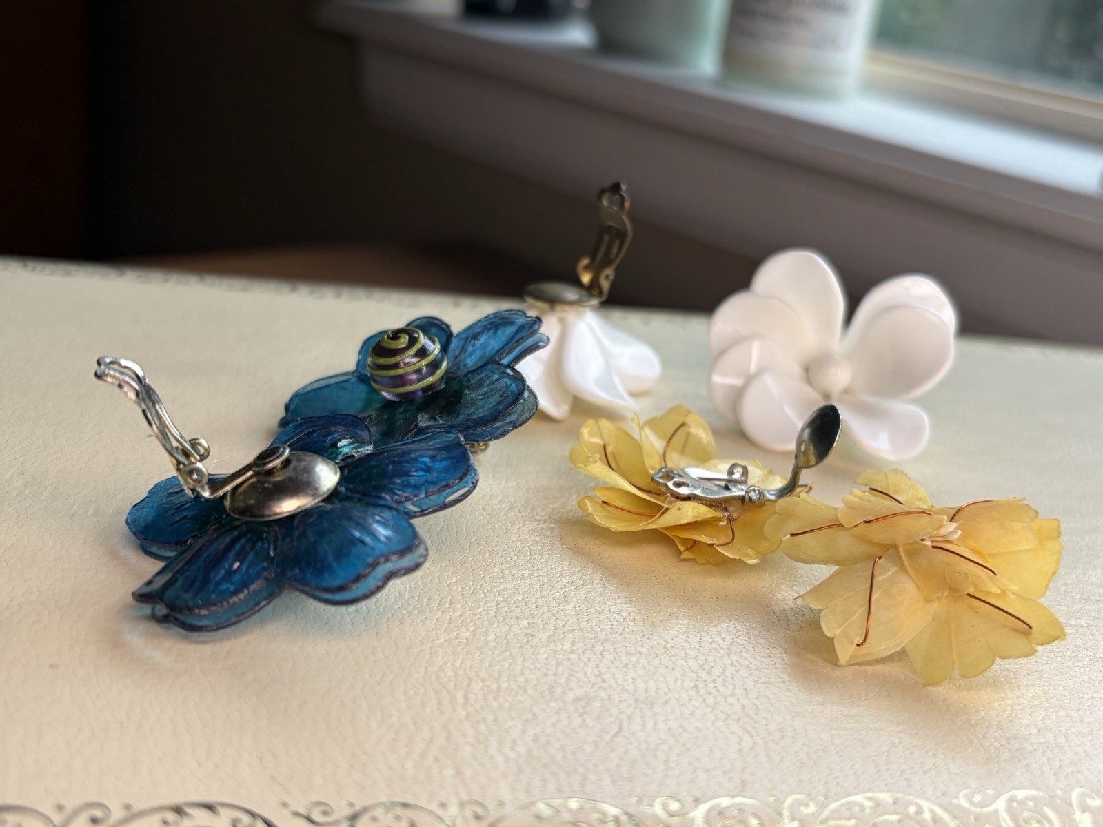 Vintage Multicolor Flower Clip-On Earrings Lot of 3 Pairs, Plastic/Resin/Shell