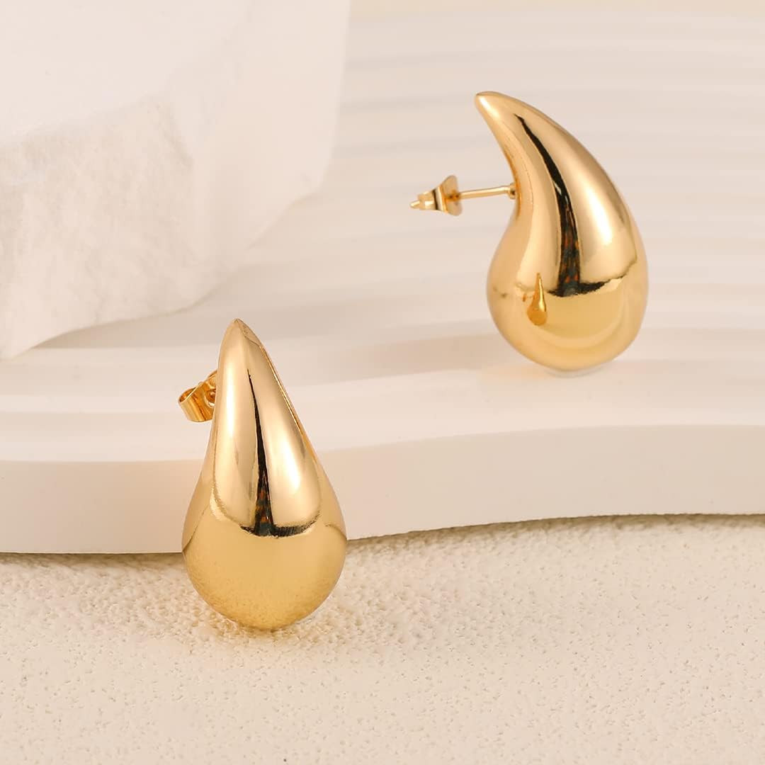 Chunky 14K Gold Plated Hoop Earrings for Women, Lightweight Waterdrop Hollow Ope