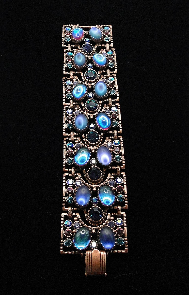 MINT Sweet Romance USA Bronze Link Bracelet with Blue Art Glass & Rhinestones