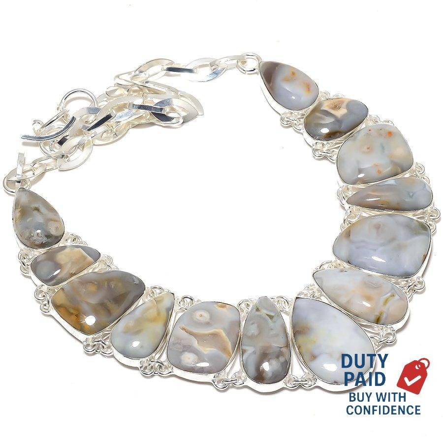 Silver Plated Genuine Polka Dot Agate Chain Elegant Channel Set Necklace Jewelry
