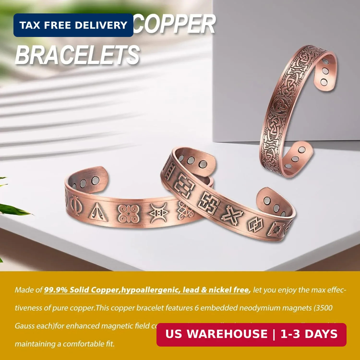 Copper Bracelet for Men 99.9% Pure Copper Magnetic Bangle with 6pcs 3500 Gauss M