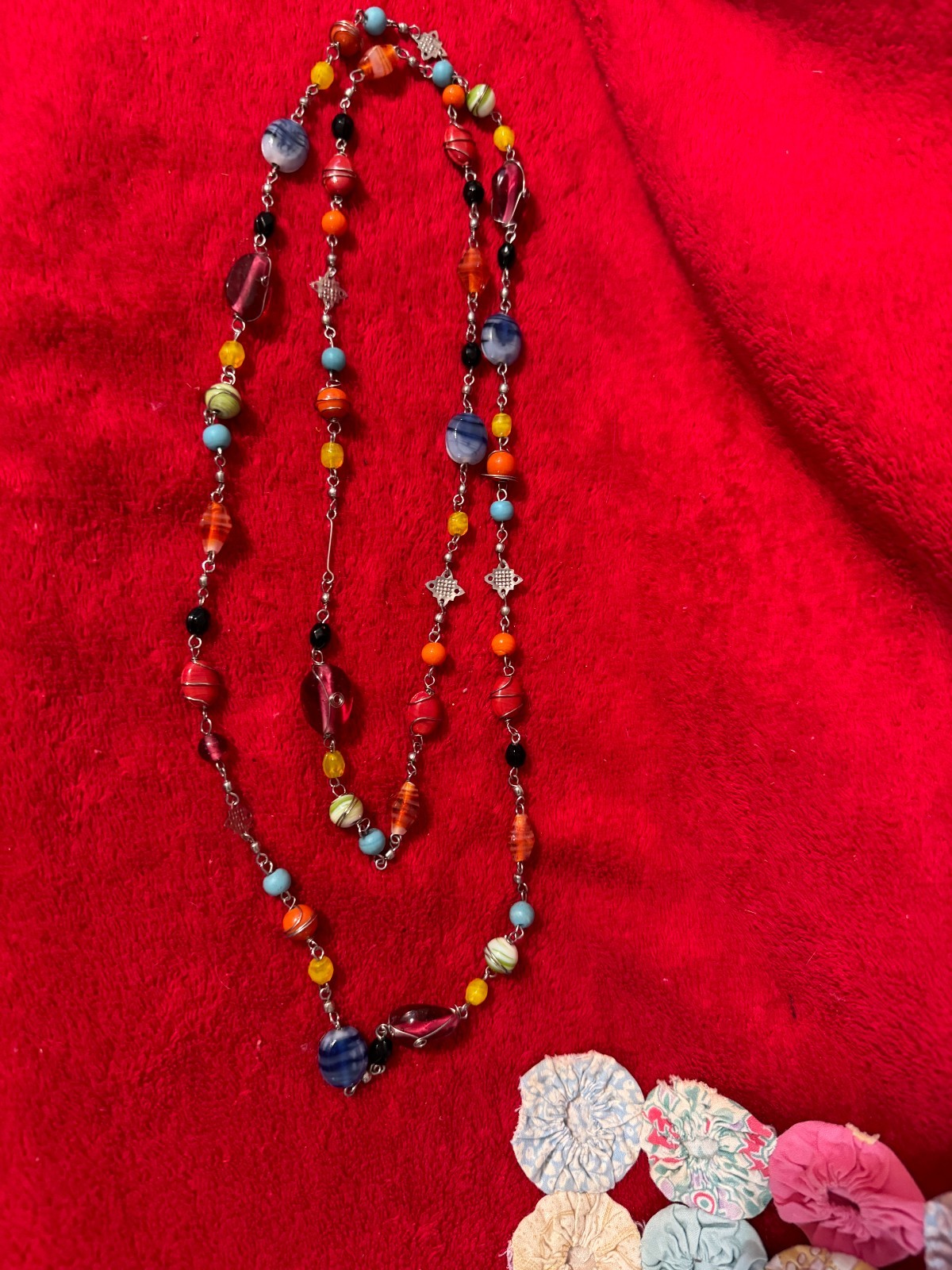 Multicolor Glass Beads and Silvertone Metal Between The Beads Very Long Necklace