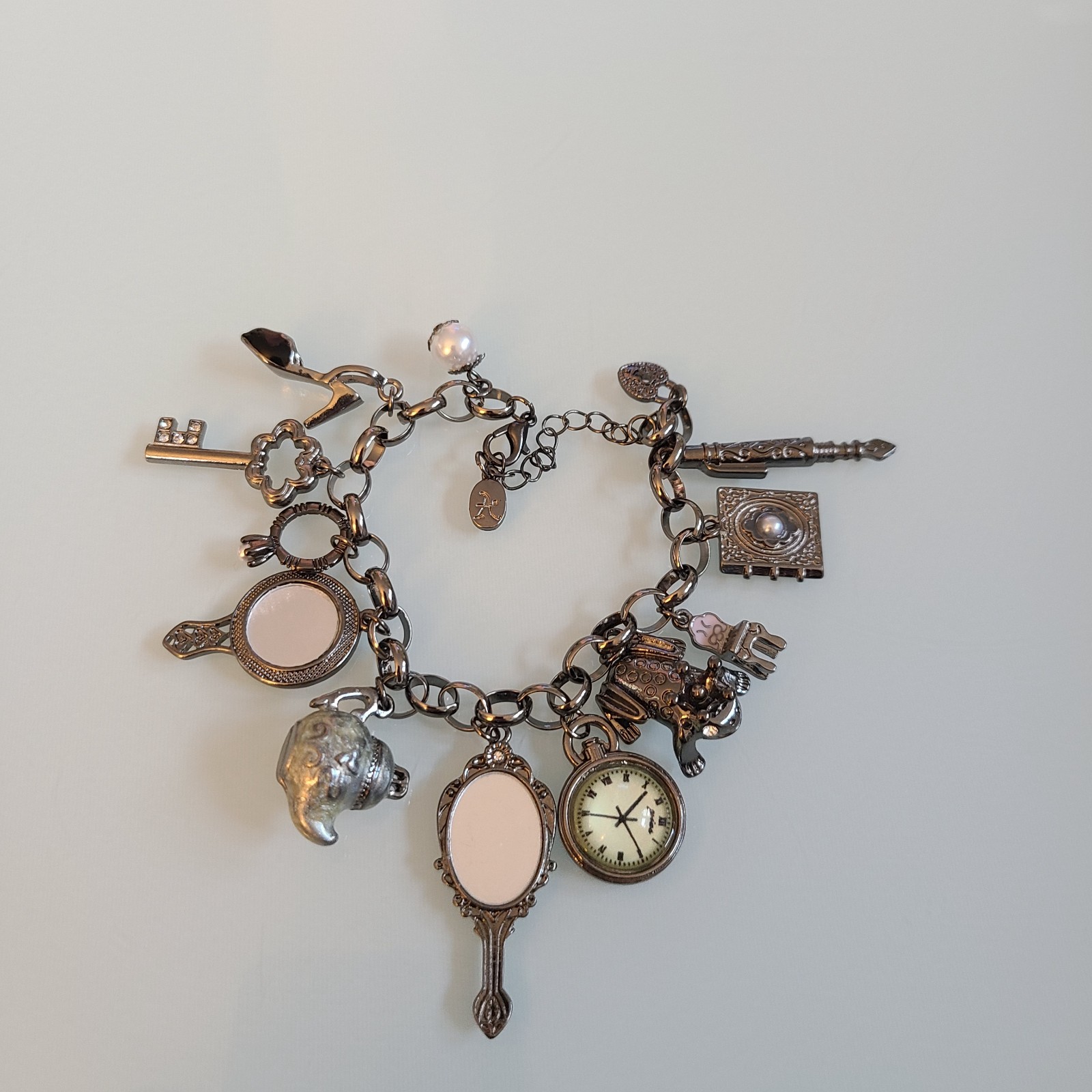 10″ Whimsical Fairytale Charm Bracelet Gunmetal Tone Teapot Frog Mirror Shoe Key