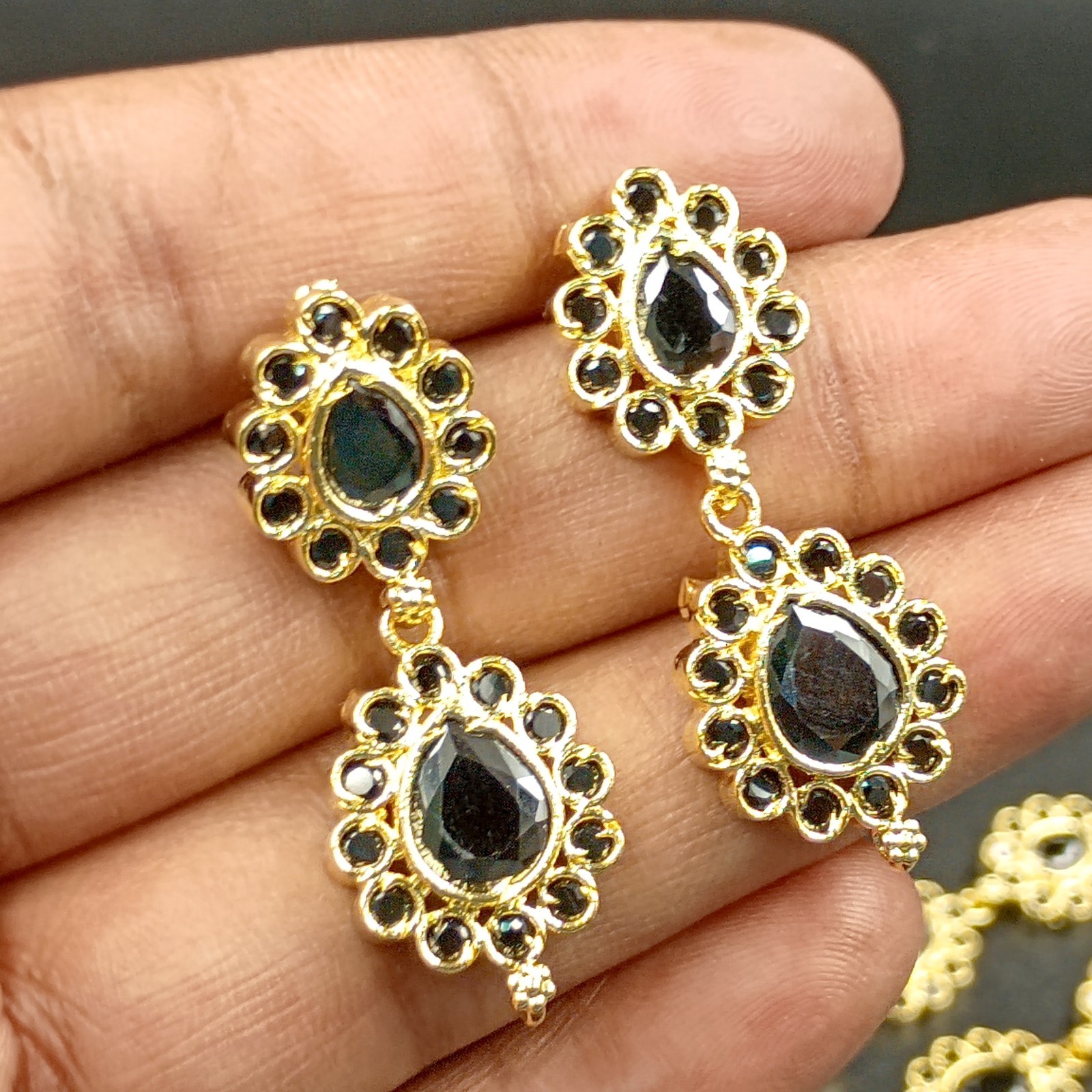 Boho 2 Layer Black Onyx Bead Necklace Set 22K Yellow Gold Plated Oval Stone Set