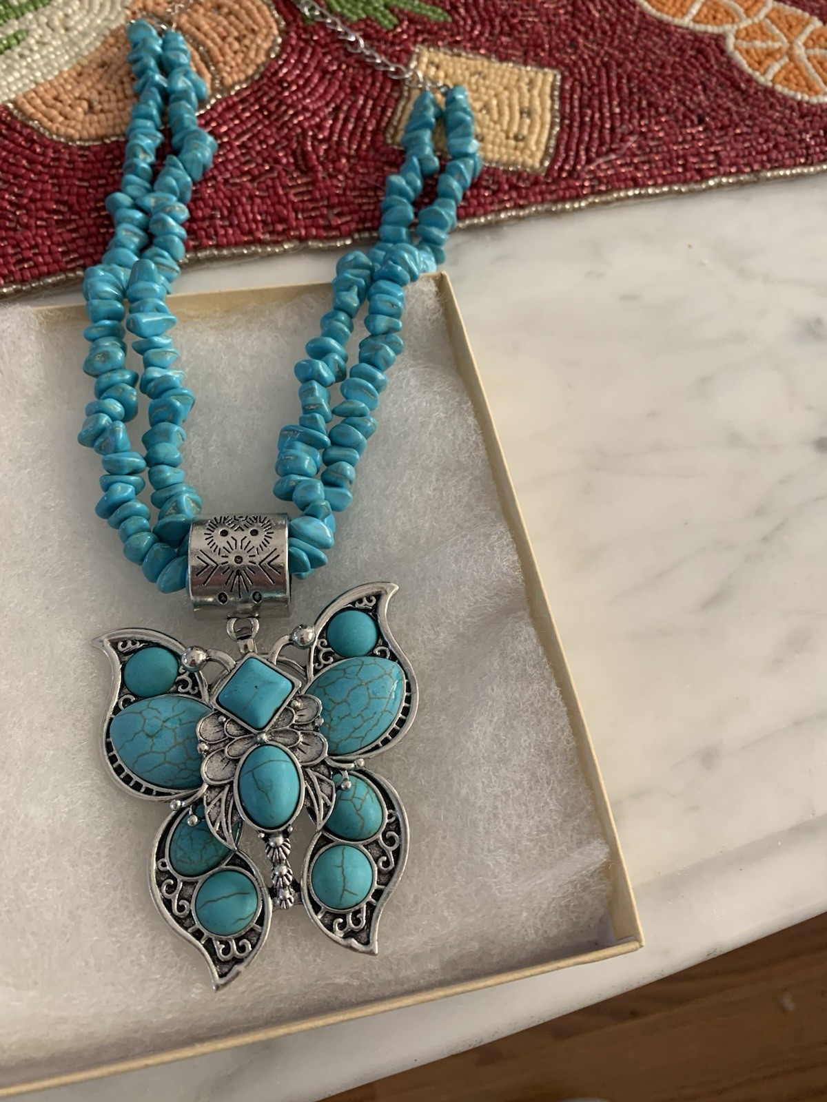 Turquoise Necklace Pendant With Butterfly 15 Inches Without Extender, 20 Inches