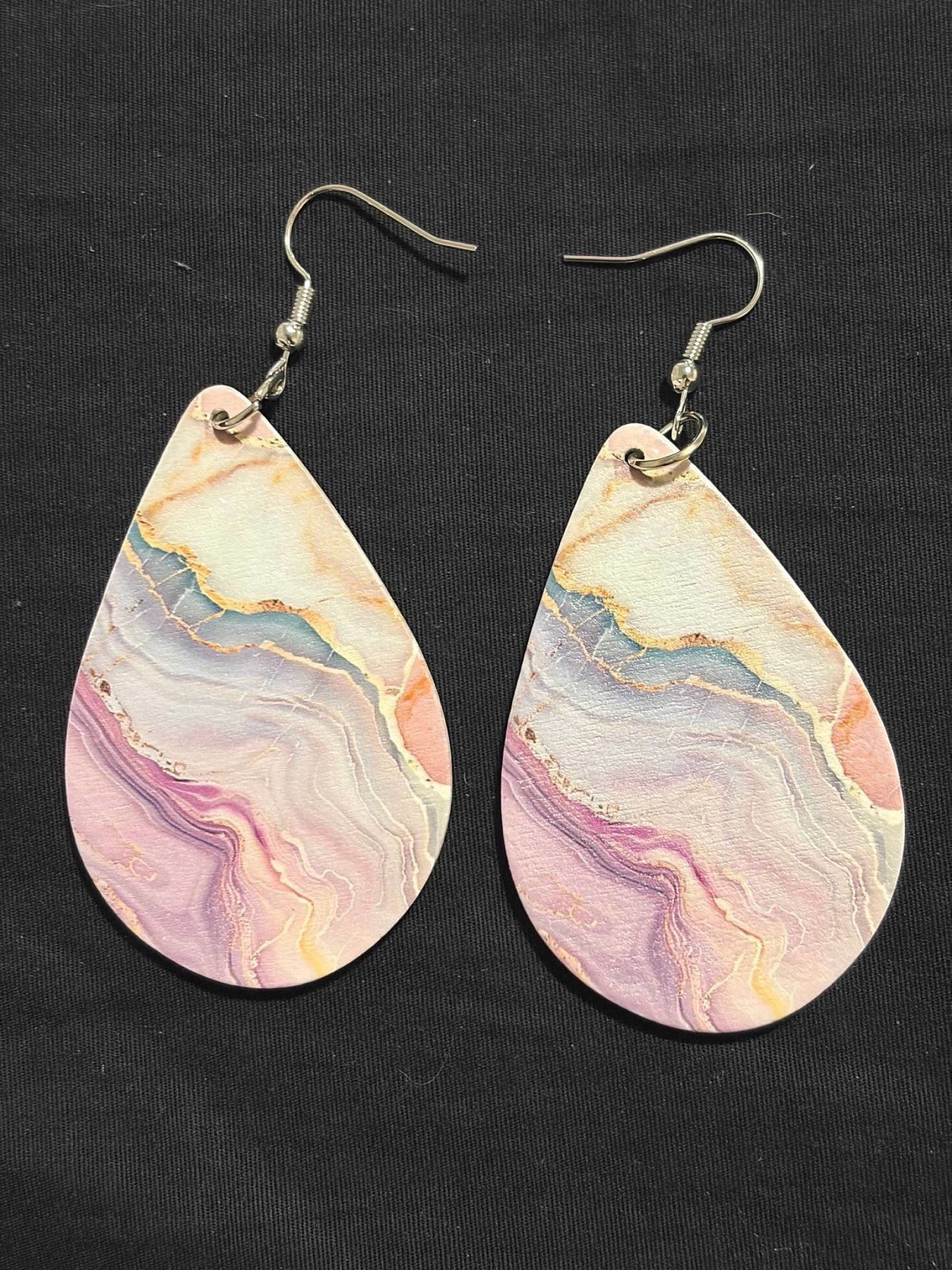 Pastel Marble Teardrop Dangle Earrings Pink Purple Gold Abstract Statement