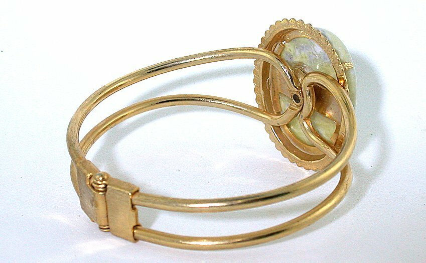 30×22 Pineapple Jasper Cabochon Spring Load 7 1/2 Inch Goldplated Cuff Bracelet