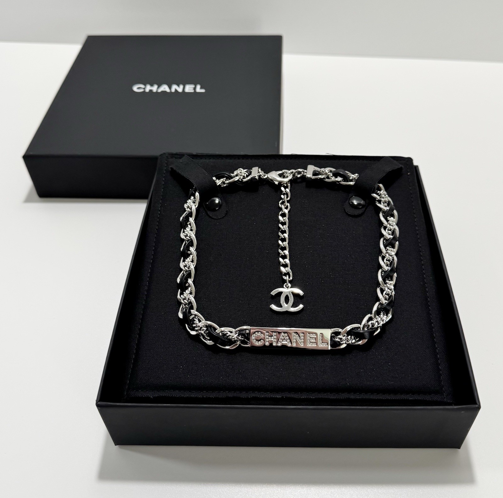 Chanel Necklace Black Leather Chain Crystal CC Choker 26C Authentic W/Box NWT