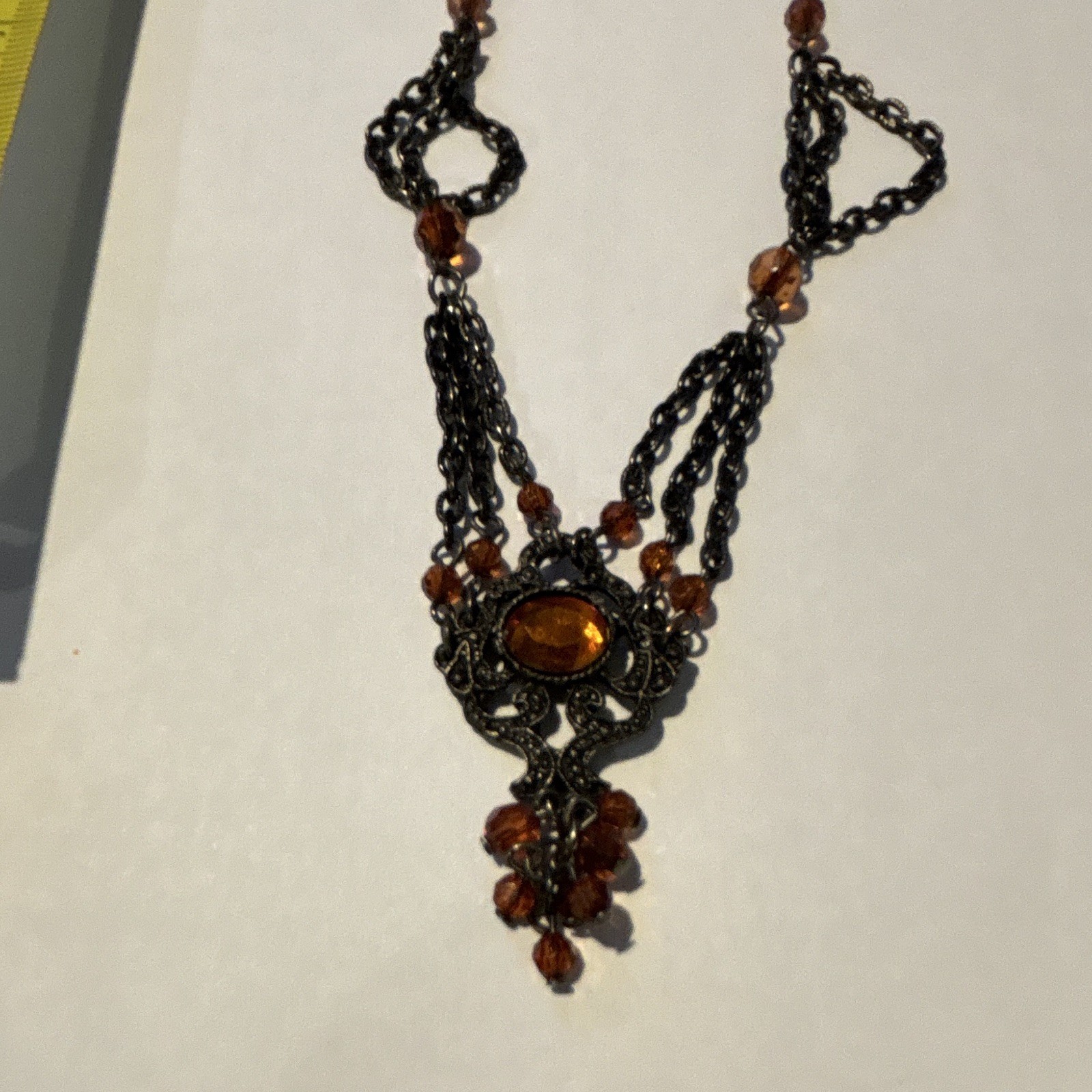Black Metal Oval Charm Pendant Necklace 18in Cable Chain Lobster Amber Beads