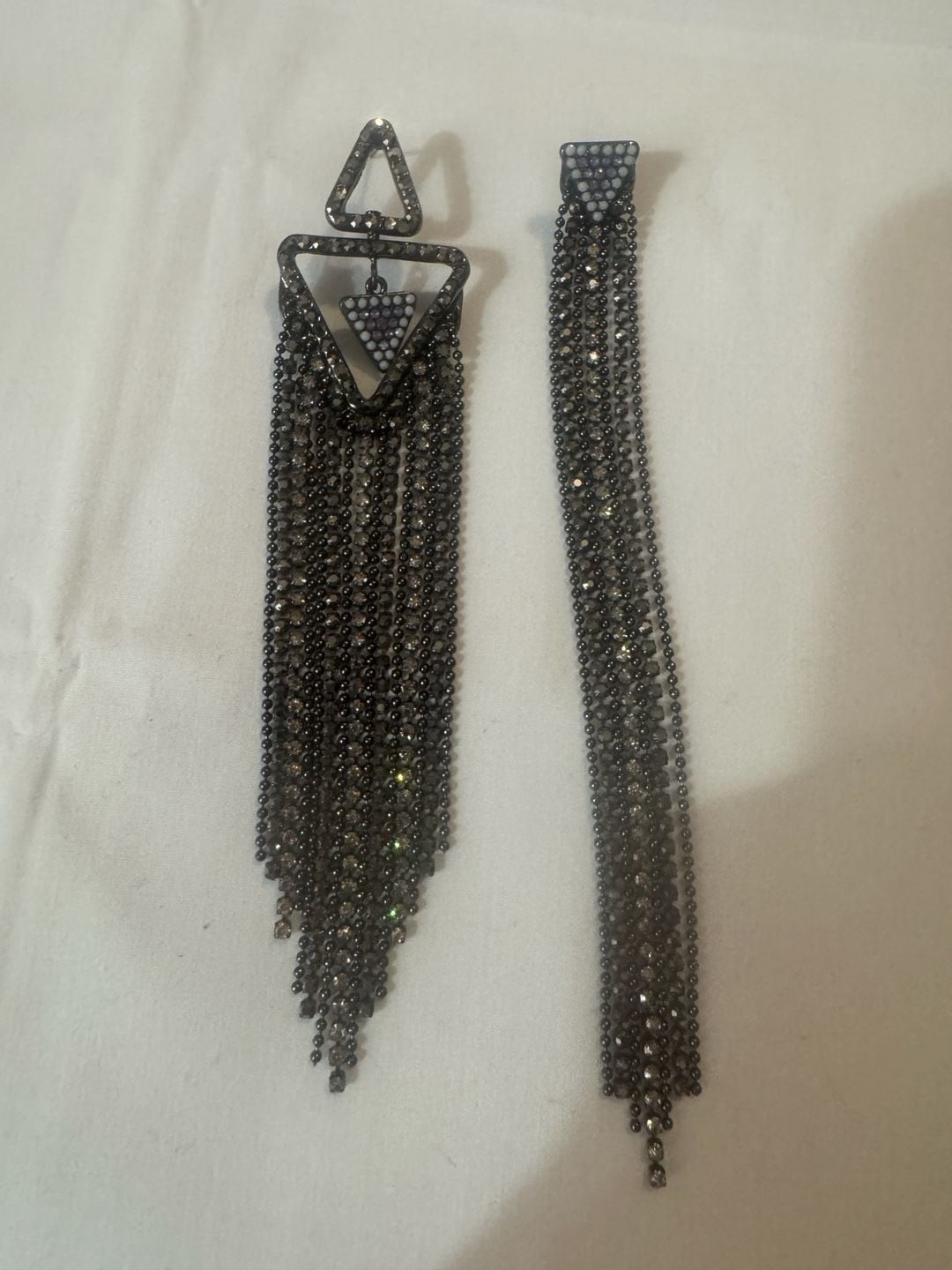 Gunmetal Geometric Rhinestone Asymmetrical Fringe Statement Fringe Earrings
