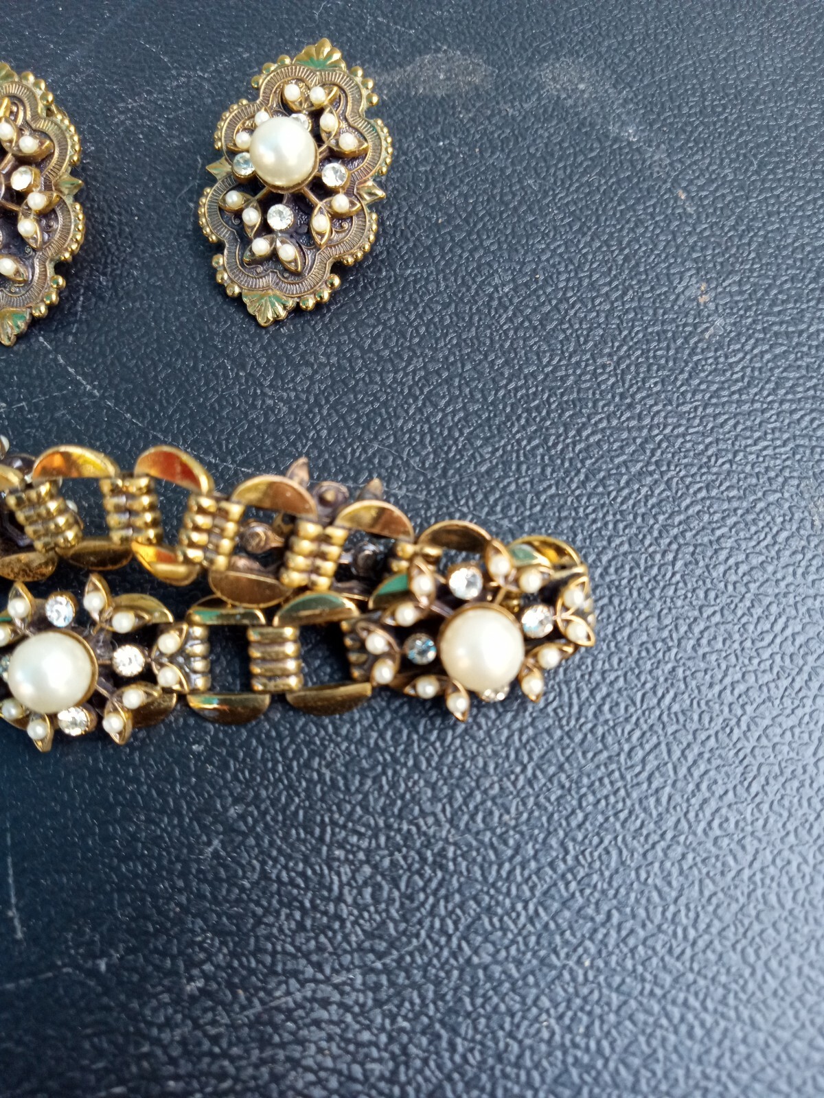 Gold Pear Diamond beaded Bracelet and Matching dangle clip on earrings ~ TRL7#47