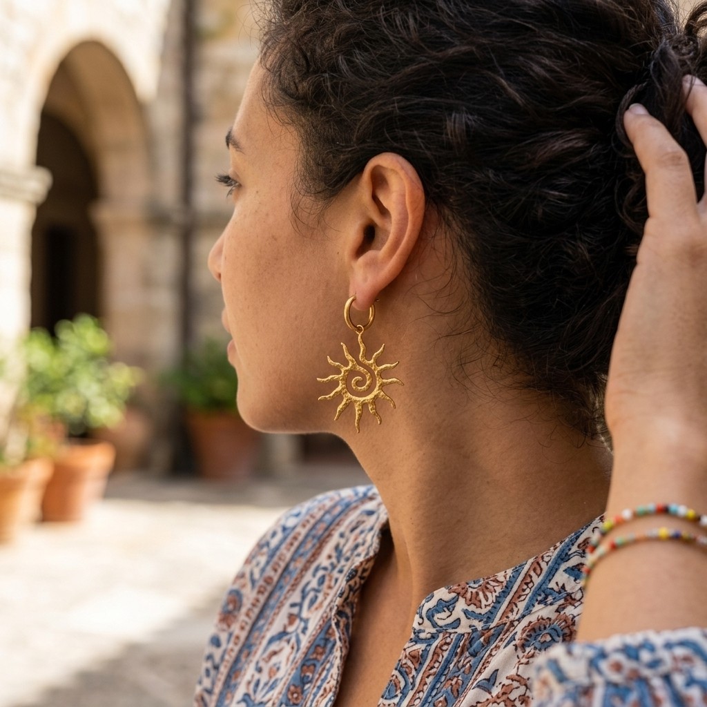 1 Pair Gold Sun Spiral Drop Earrings Bohemian Style Hoop Dangle Earrings