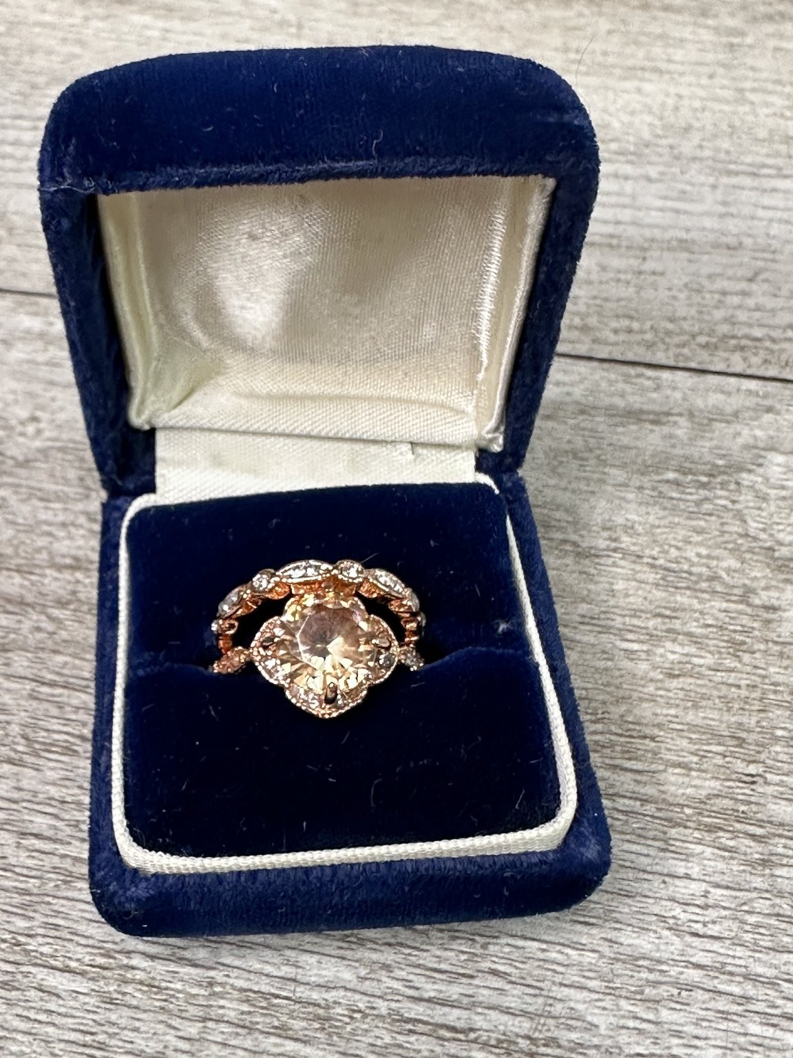 Rose Gold Tone Cushion Cut Halo Ring Set Size US 5 Champagne CZ