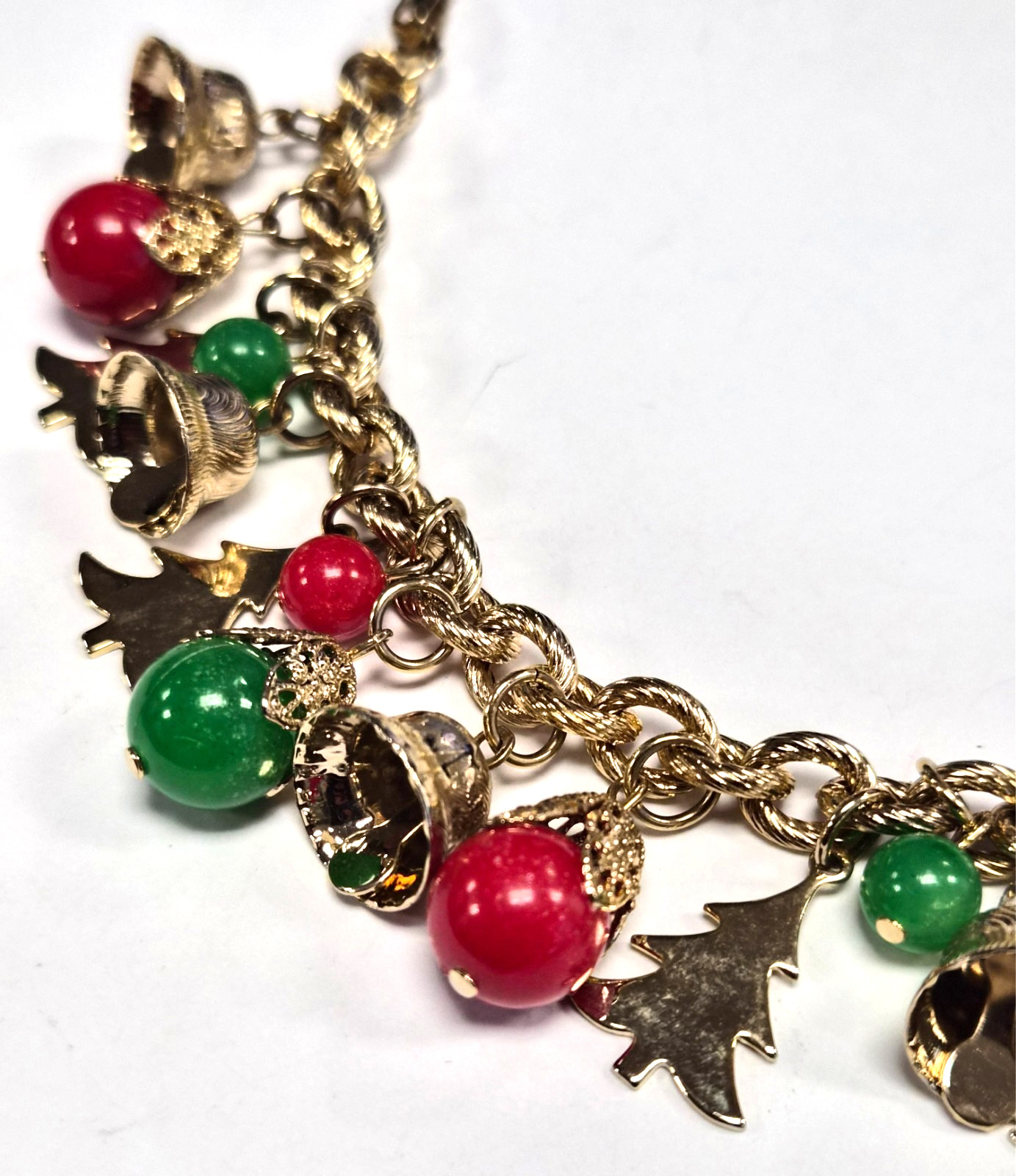 Vintage 70’s Christmas Holiday Bells Charm Dangle Red & Green Link 6.5″ Bracelet