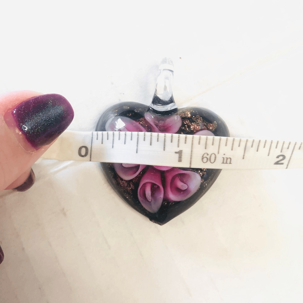 Art Glass Hand Crafted Pendant Pink white callalily Flower Gold Stone Heart
