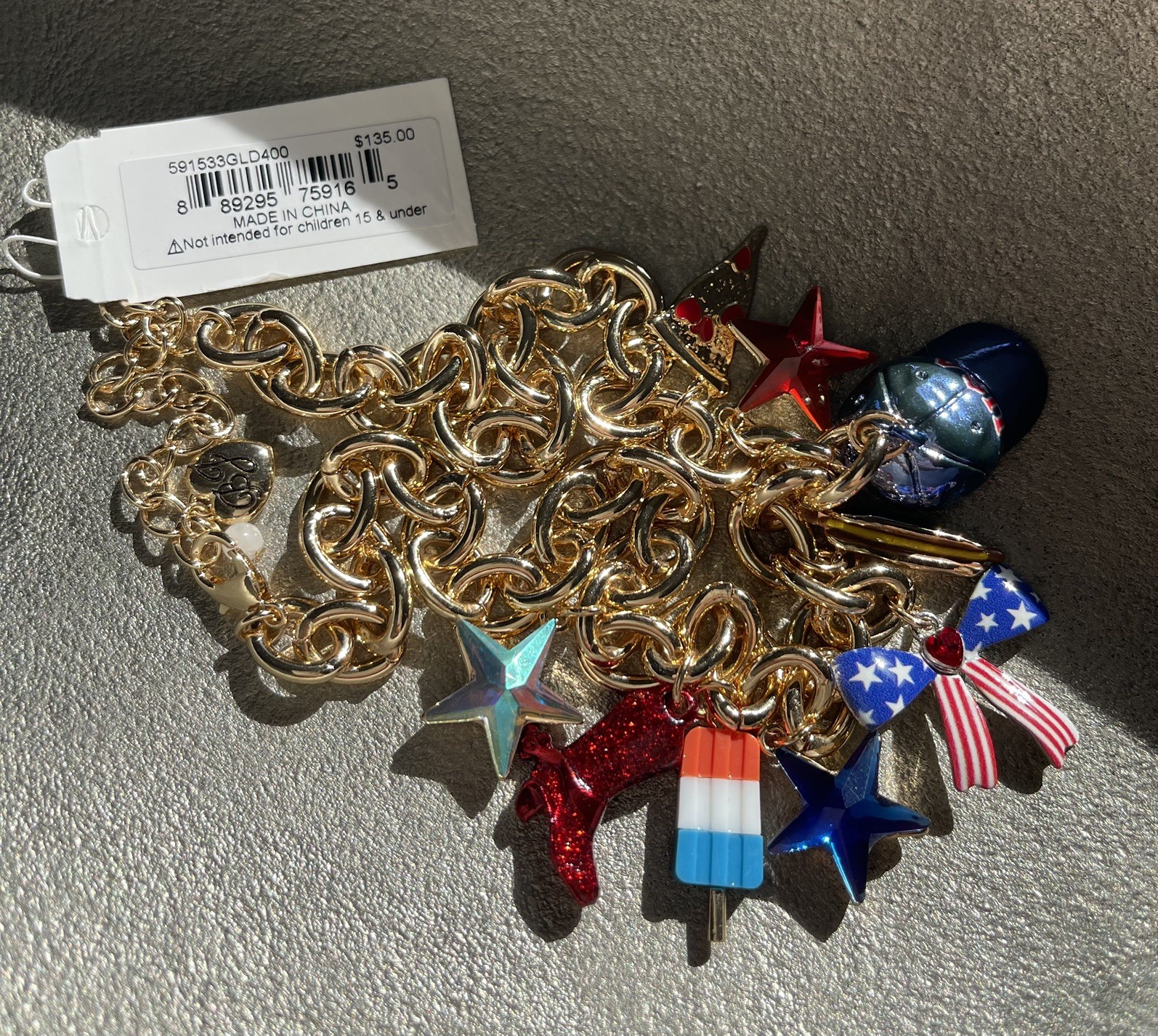 Betsey Johnson Americana USA Red White Blue Charm Shiny Gold Tone Necklace NWT