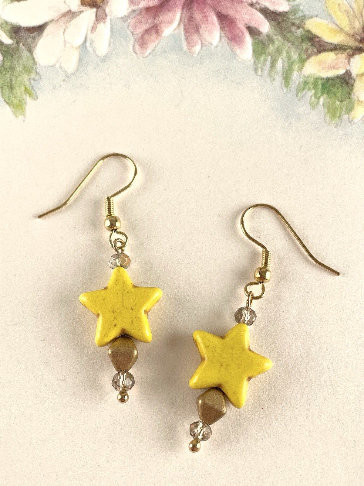 Gold Yellow Star Crystal Earrings Women’s Handmade Artisan Boho Chic Jewelry