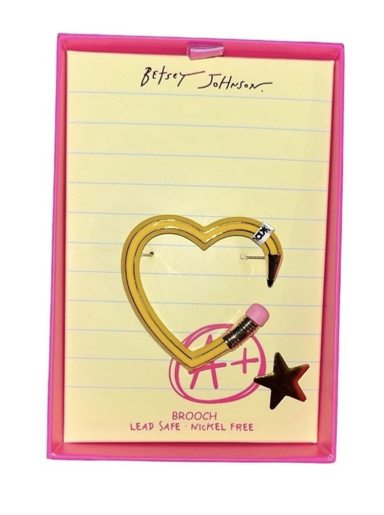 Betsey Johnson Brooch Heart Pencil Yellow With Star Accent NWT With Box