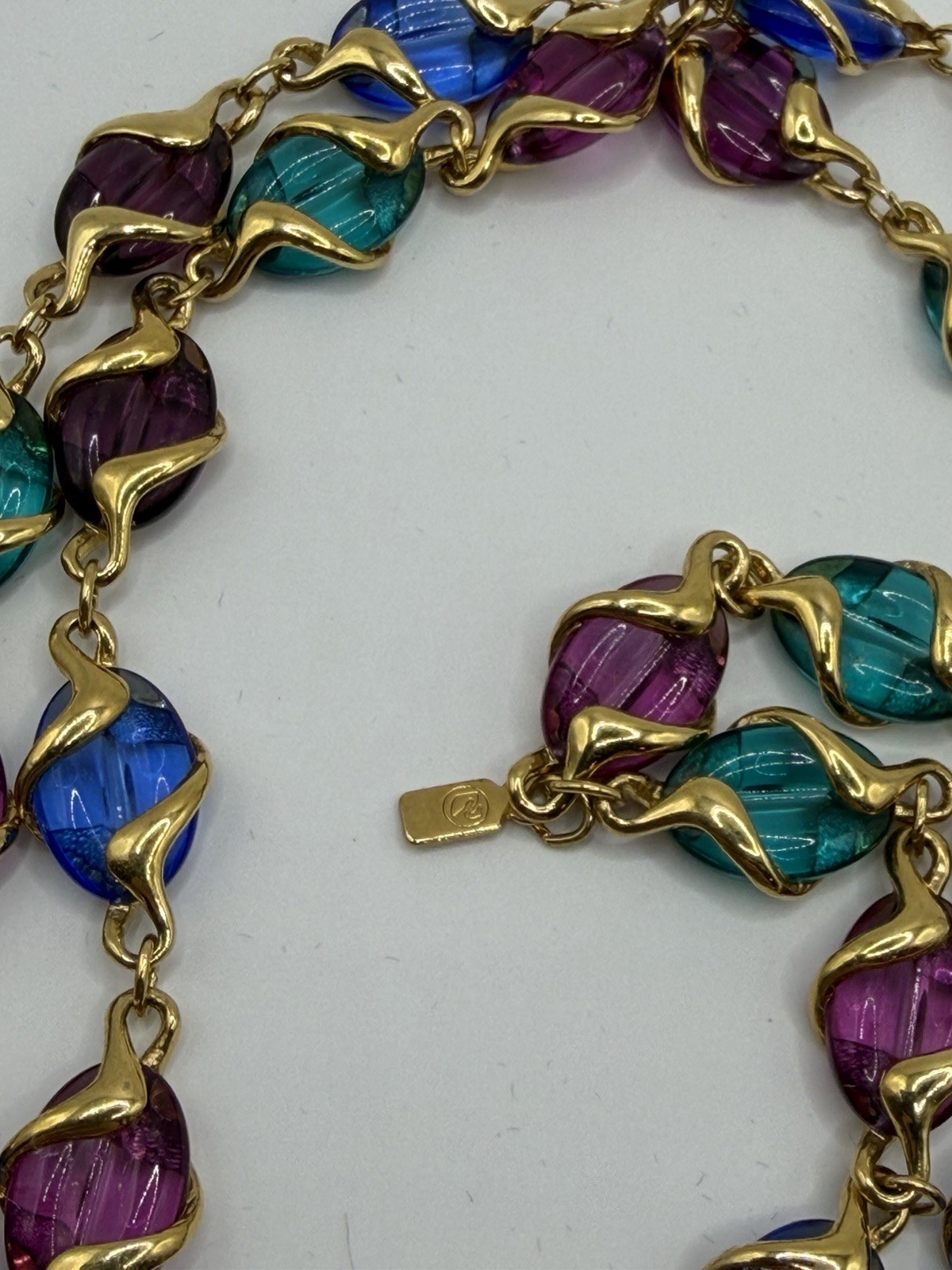 Swarovski Multicolor Caged Crystal Necklace Gold Tone 36” Signed