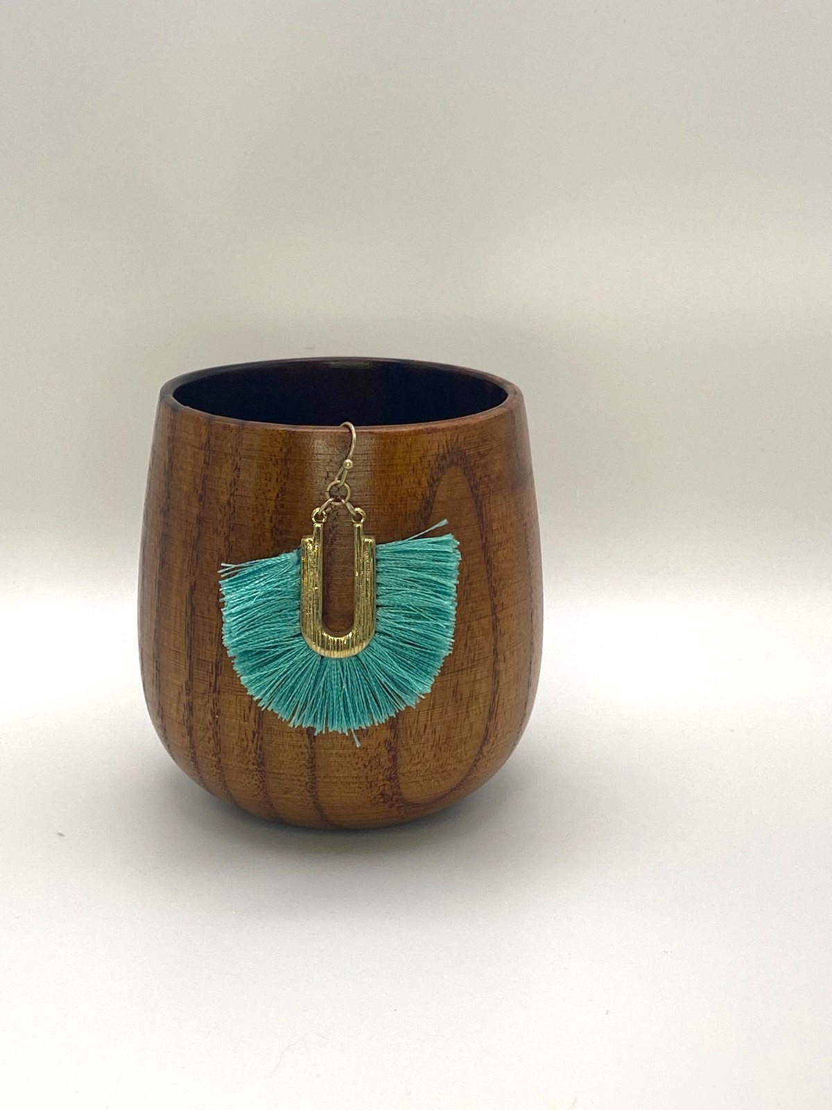 Aqua Bohemian Gold-Tone Geometric Arch Fringe Fan Earrings
