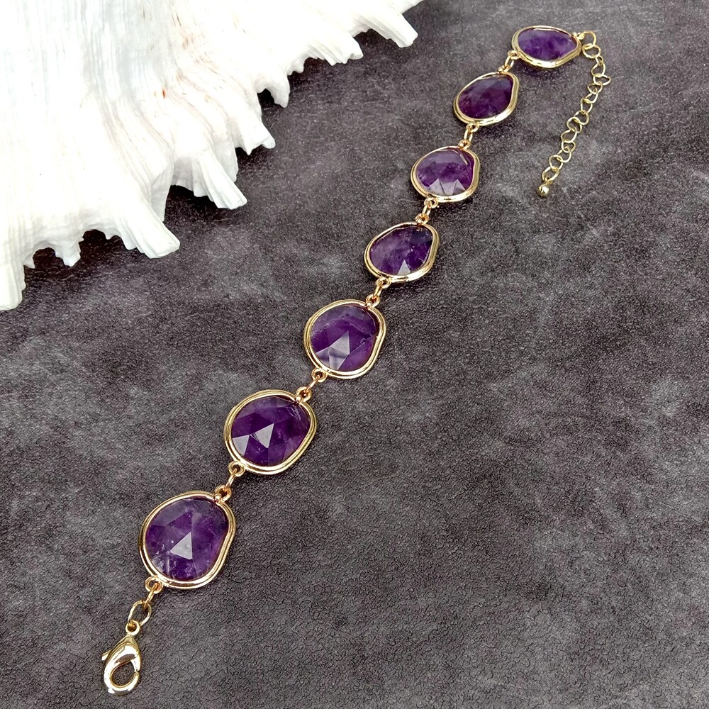 Natural Purple Amethyst Bezel Set Beaded Bracelet For Holiday Jewelry