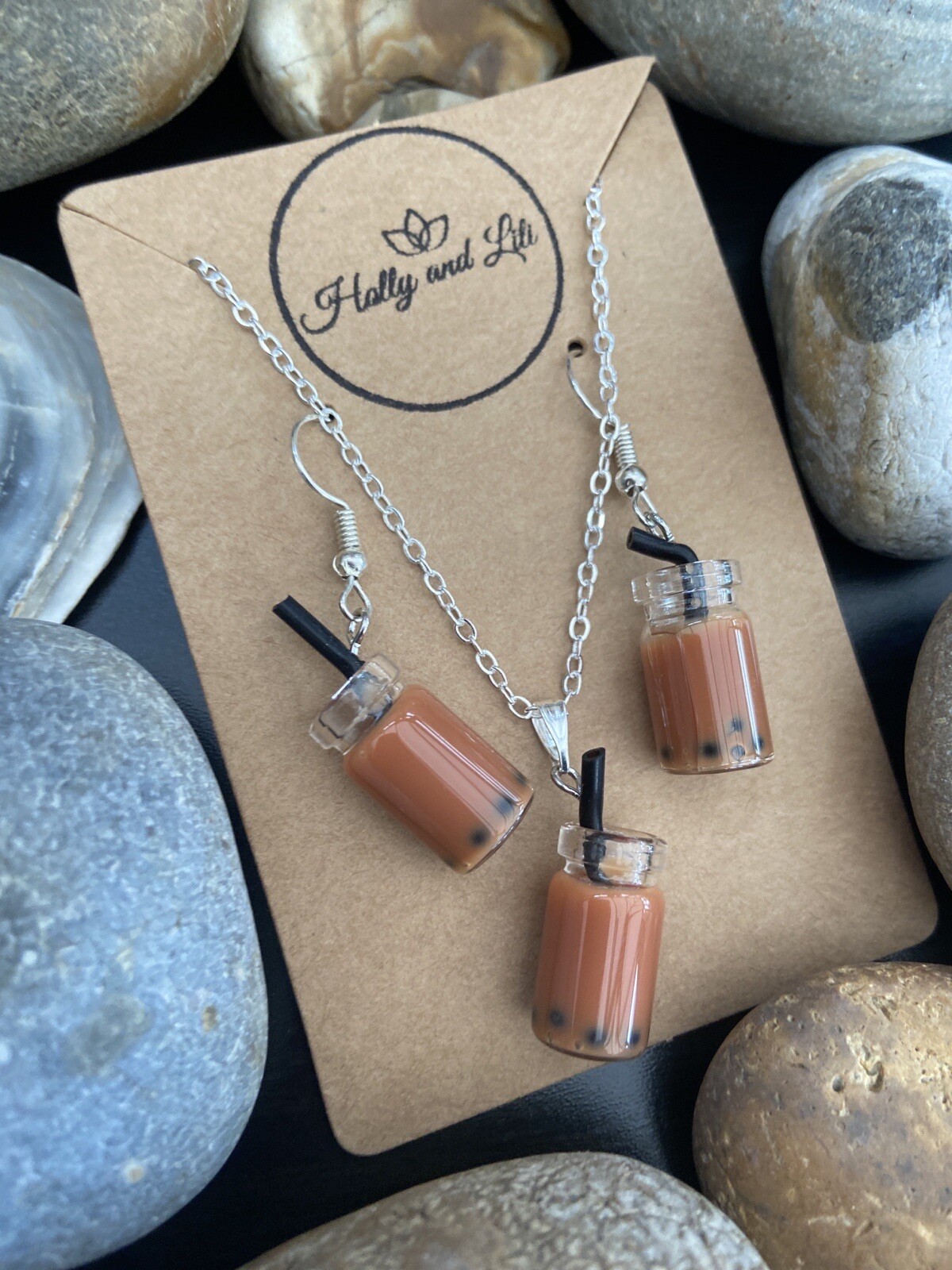 Brown Bubble Tea Boba Novelty Personalised Handmade Necklace & Earring Set